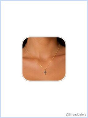 14K Gold Plated Brass Double Cross Pendant Necklace CZ Women Gift